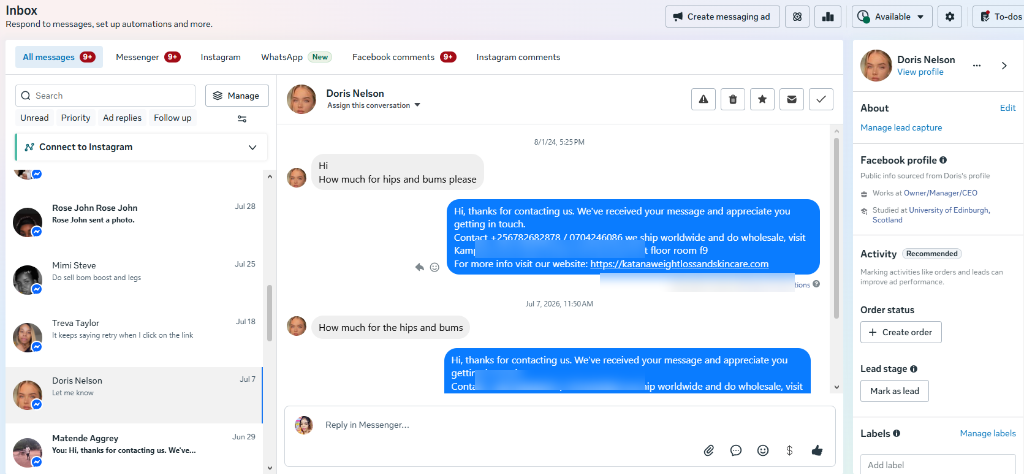 Meta Business Suite Inbox - Real Customer Orders and Inquiries